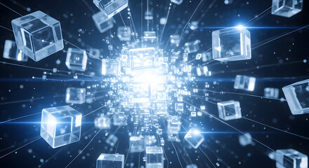 Obraz premium Abstract explosion of light with glowing cubes in a digital space. Concept of big data, blockchain technology, information transfer, and network burst.