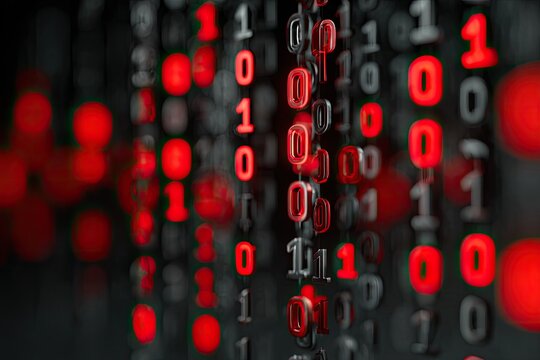Binary code, red highlights, depth of field