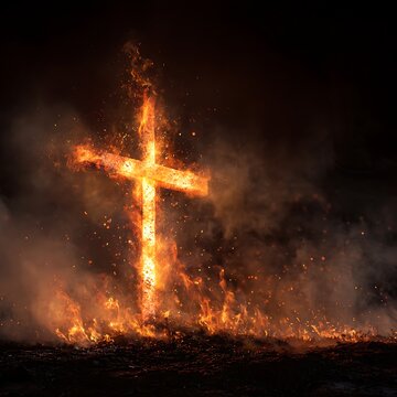 Awesome photo of christian cross burning in fire and smoke rising from dark ground.