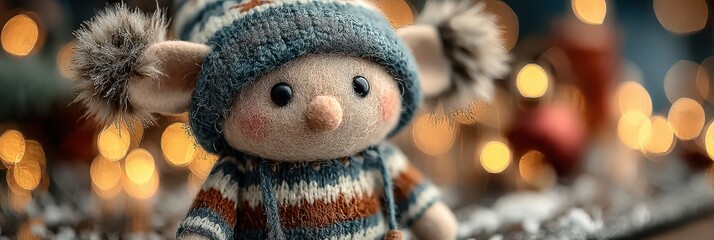 Cute stuffed toy character wearing a knitted hat surrounded by warm holiday lights in a cozy setting