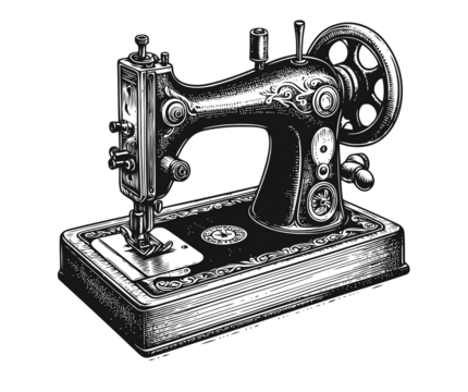 Vintage sewing machine, detailed illustration, showing intricate mechanical design.