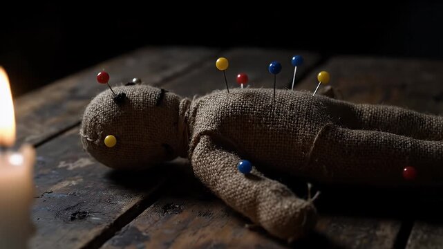 A handmade voodoo doll with colorful pins stuck in it lies on a wooden table, lit by a flickering candle. Occult and black magic concept.

