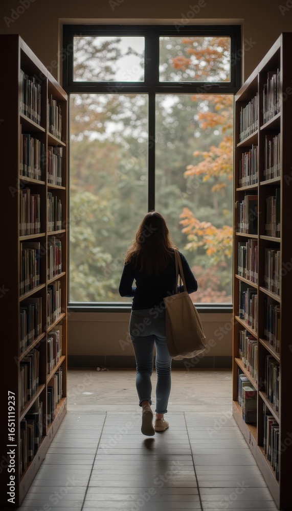 Aufkleber person walking through a library aisle with bookshelves on either side and autumn scenery visible th