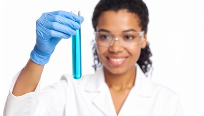 "Female scientist in lab coat holding test tube, isolated on white background"
