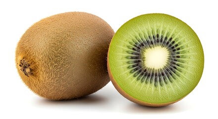 Fototapeta premium Whole and halved kiwi fruit on white background