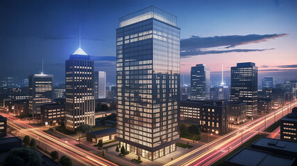 
Photorealistic Rendering of Modern Glass and Steel Office Building at Dusk with Reflections on Wet City Street
