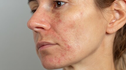 acne on woman face with rash skin, scar, and red skin syndrome allergic to cosmetics, use steroids, dermatology, inflammation, infection, hygiene