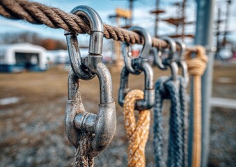 Close-up of metal rope clips holding various colored ropes