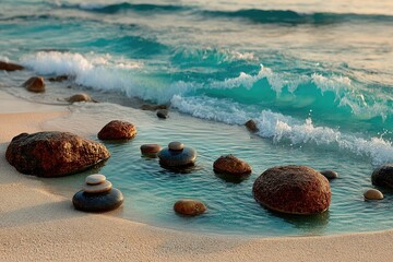 Calm waves lapping at a sandy shore, zen stones in shallow water