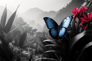 A beautiful blue butterfly rests on black and white tropical foliage with pops of vibrant red flowers, set against a misty mountain backdrop.