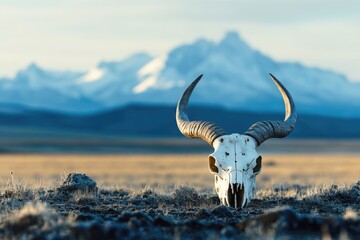 A sun-bleached animal skull with curved horns rests on a parched landscape with snowy mountains in the blurred background, creating a symbolic tableau.