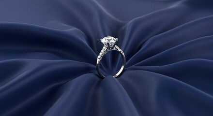 Photorealistic 3D rendering of a diamond ring on a silk cloth