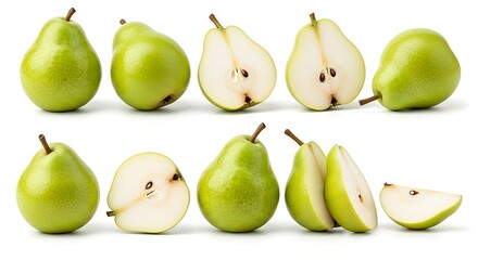 Fresh green pears whole and halved isolated on white background
