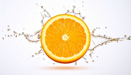 "Fresh orange slice with juice splash, isolated on white background"

