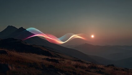 Mountain sunrise, ethereal rainbow light trails