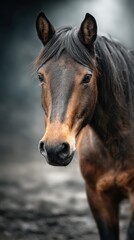 Naklejka premium Majestic brown horse with flowing mane standing on soft ground in a serene setting during early morning light