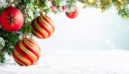 Naklejka premium Golden Christmas balls and red ornaments on a snow-dusted green spruce branch