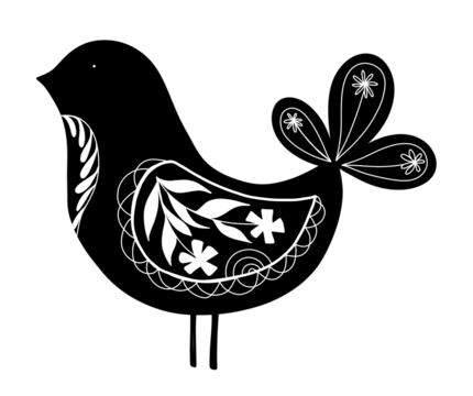 A stylized black bird illustration with white floral and leaf patterns on its body and tail, isolated on white. - Powered by Adobe