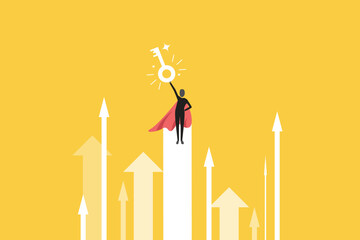 Super businessman flying while holding a key, concept of solutions, business accessibility, and solve business problem