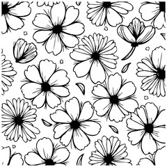 Elegant floral pattern featuring outlined flowers on a white background creating a seamless botanical design, perfect for backgrounds