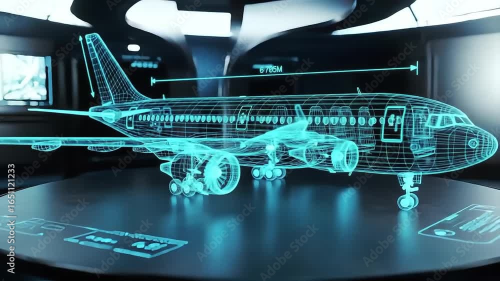 Poster holographic airplane design rotating on interactive table