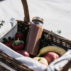Healthy picnic basket filled with fresh fruit and a smoothie drink