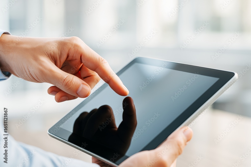Poster close-up of person using digital tablet touchscreen in bright office environment with modern tech ba