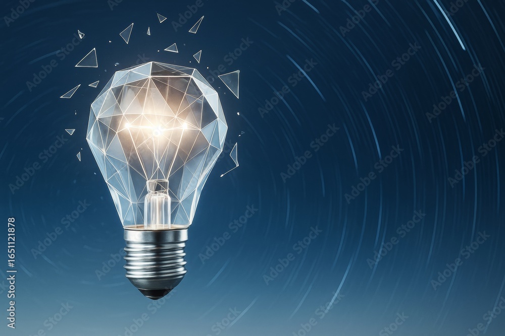 Aufkleber abstract geometric light bulb emitting glow with shattered glass effect on dynamic night swirl backg