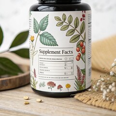 Herbal supplement bottle with botanical illustrations and supplement facts label