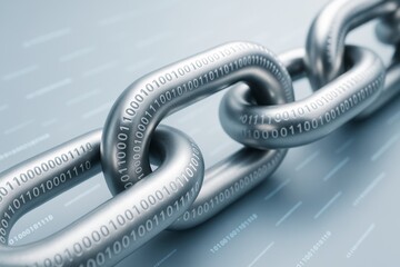 Metallic chain links with binary code engraved, symbolizing secure digital connection on a light background, technology concept visualization.