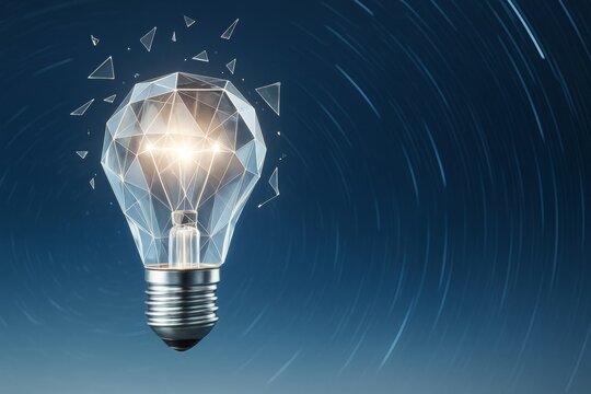 Abstract geometric light bulb emitting glow with shattered glass effect on dynamic night swirl background representing modern technology concept.