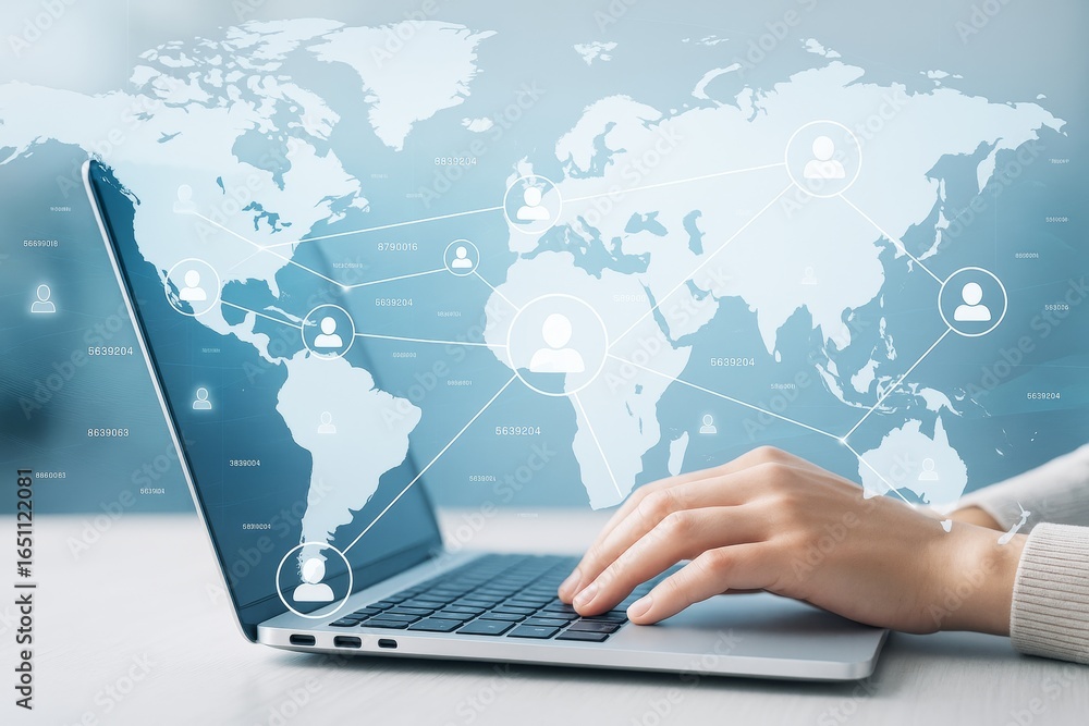 Poster global communication technology concept with hand on laptop and digital world map of connected peopl