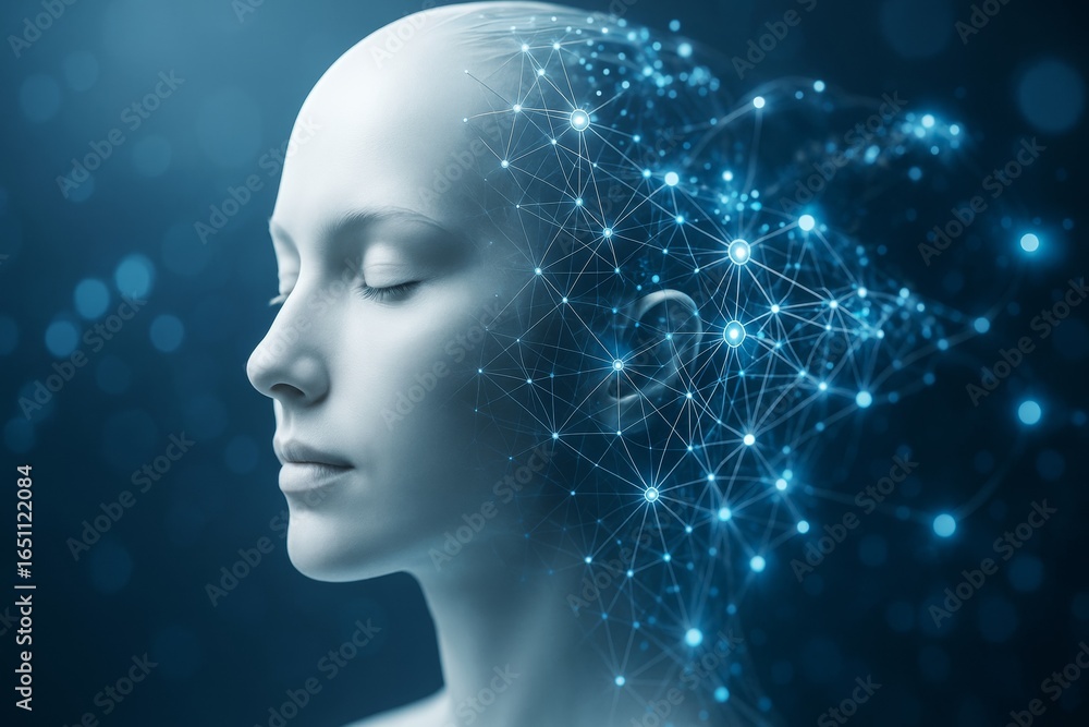 Wall mural futuristic human head with neural network connections on blue background representing artificial int
