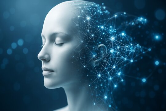 Futuristic human head with neural network connections on blue background representing artificial intelligence and mental connectivity concept. - Powered by Adobe