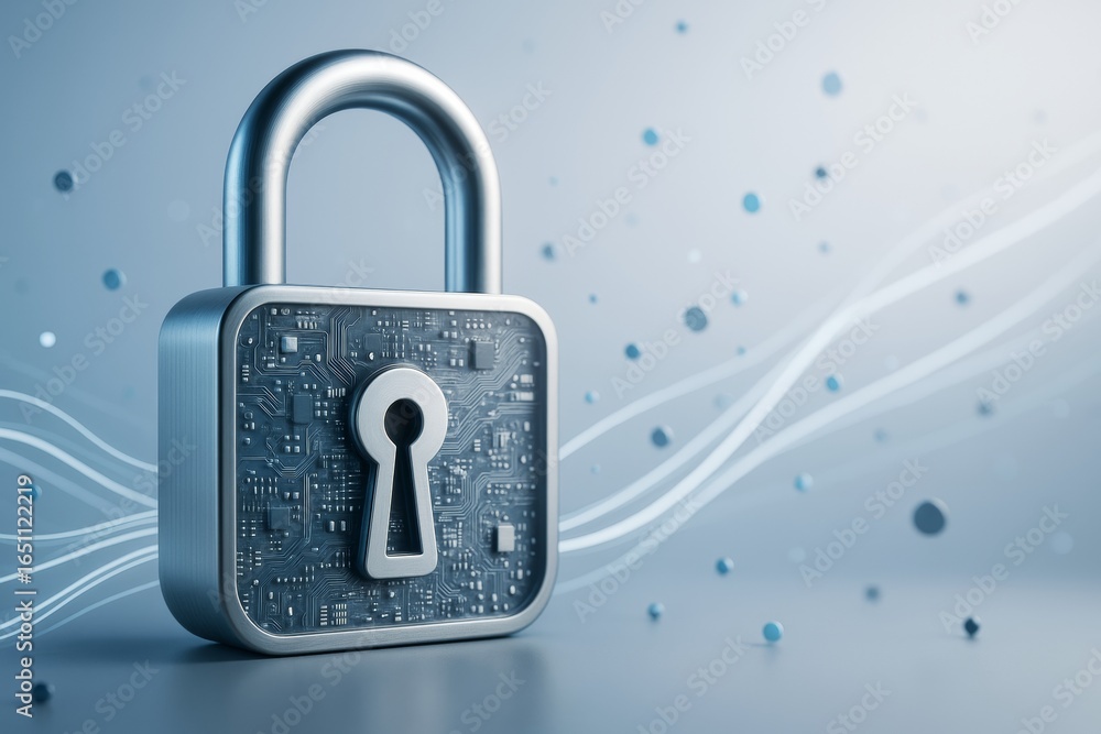 Aufkleber cybersecurity lock with digital circuit design on abstract light blue technology background illustra
