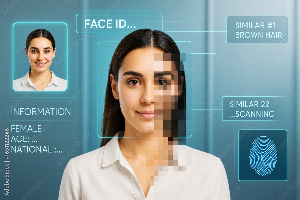 Aufkleber facial recognition technology scanning woman's face with biometric data and digital id interface on 
