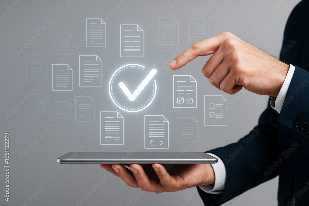 Poster businessman selecting digital document with check mark using tablet on gray background in futuristic