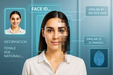 Facial recognition technology scanning woman's face with biometric data and digital ID interface on futuristic tech background. Ai generative.