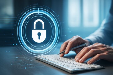 Cybersecurity concept with person typing on keyboard and glowing digital padlock symbol on futuristic blue background showing data protection idea.