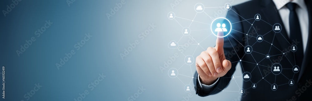 Aufkleber businessman touching virtual network interface with human icon on blue gradient tech background for 