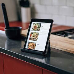Tablet displaying recipes on a kitchen counter next to cooking utensils
