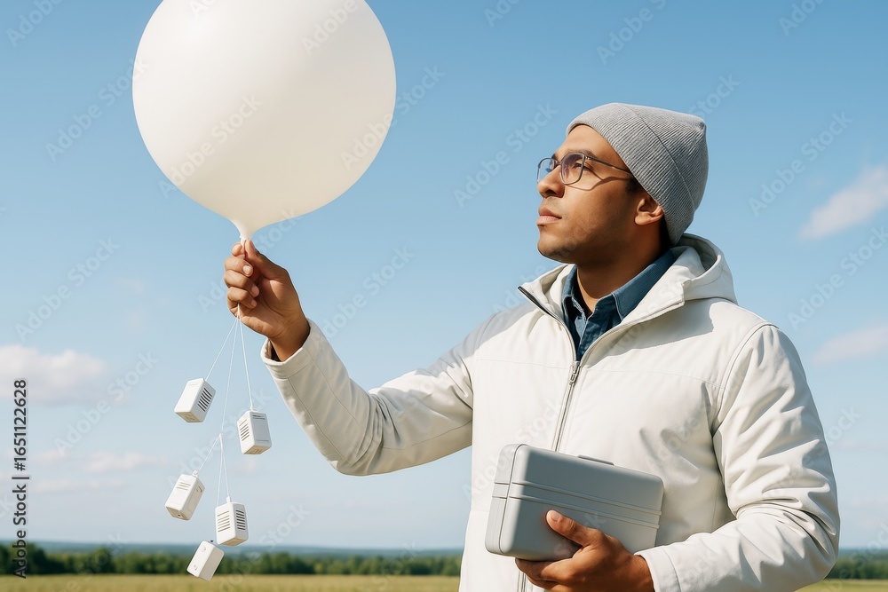 Poster scientist launching weather balloon with sensors for atmospheric data collection in a clear sky outd