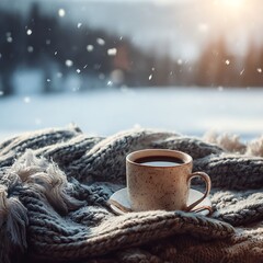 Awesome photo of cozy warm winter composition with cup of hot coffee or chocolate, cozy blanket and snowy landscape on sunny winter day. Winter home decor. Christmas. New Years.