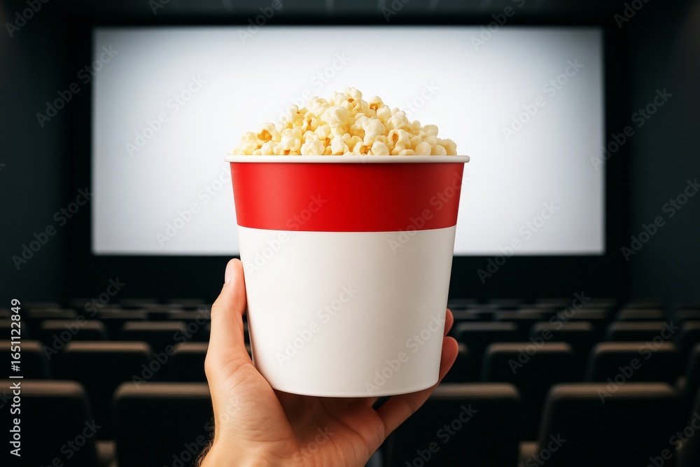 Poster hand holding blank red and white popcorn bucket with empty cinema screen in background for branding 