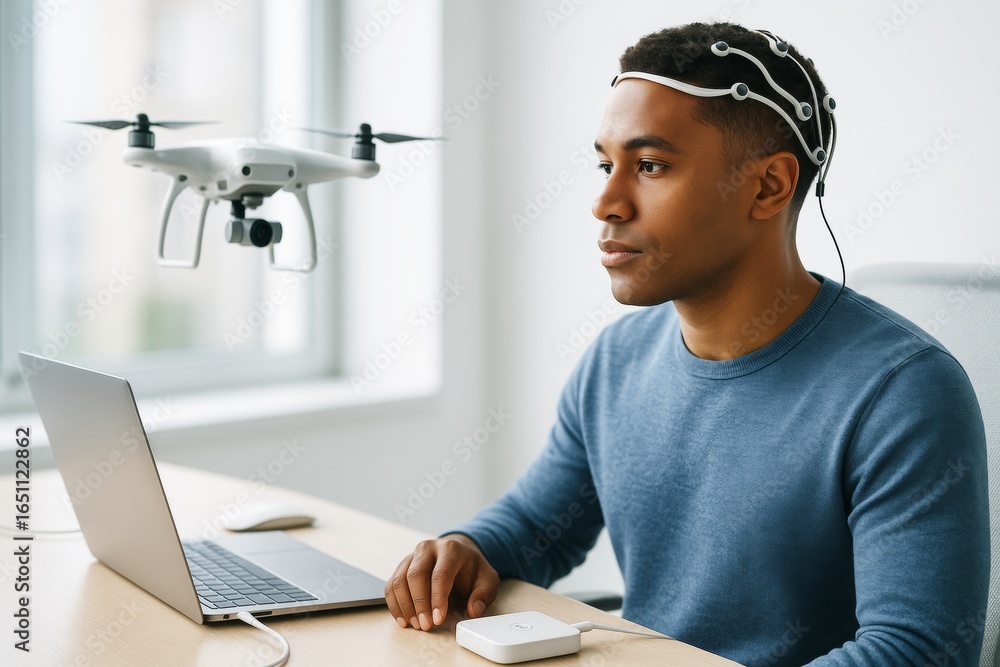 Aufkleber man controls flying drone with brain-computer interface headset in modern light office using laptop 