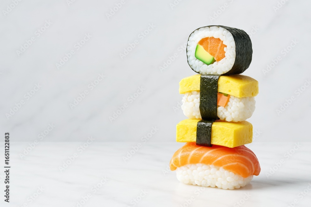 Poster creative sushi stack with nigiri and maki pieces arranged vertically on marble surface against light