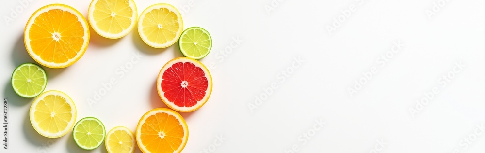 Poster citrus fruit slices arranged in a circular pattern on left side with white background and copy space