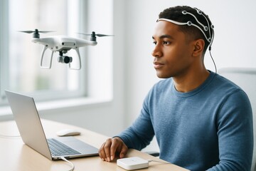Man controls flying drone with brain-computer interface headset in modern light office using laptop and neural device, futuristic innovation concept. Ai generative