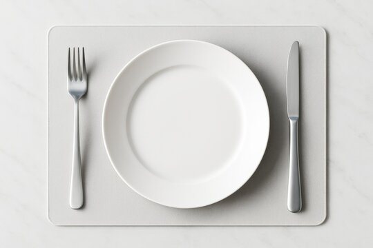 Empty white plate mockup with fork and knife on minimalist placemat over marble background for branding or menu presentation concept. Ai generative