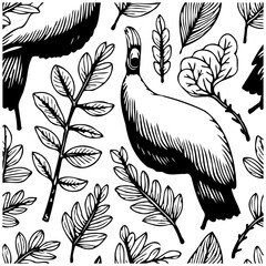 Obraz premium Elegant seamless pattern showcases intricate cassowary illustration nestled amidst lush botanical elements creating artistic background